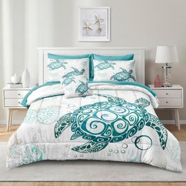 MOVE OVER Sea Turtle Comforter Set with Sheet Set Full Size 8 Pieces Coastal Bedding Bed in A Bag for Kids Girls Boys Teens Ocean Themed Complete Comforter Set Teal Summer Comforter Set