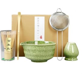 Generisch Traditional Japanese Matcha Tea Ceremony Set 5 Piece with Bowl, Holder and Strainer Green