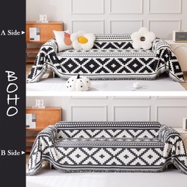 HANDONTIME Geometric Boho Couch Cover Black Rhombic Sofa Protector Dog Couch Boho Sofa Covers for 3 Cushion Chenille Sofa Slipcovers, 71" x 134"