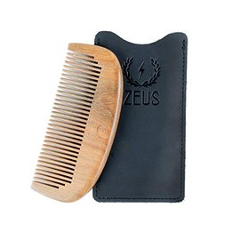 Zeus Peine de barba de sándalo orgánico con funda de cuero | Saw-Cut Wooden Comb with Protective Leather Sleeve, Anti-Static to Smooth, Style & Tame A