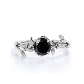 FYBIOD Leaf Design Vine Natural Balck Onyx Ring for Women Sterling Silver Art Deco Round Black Onyx Gemstone Statement Ring Jewelry Gift for Her Size 6