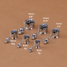 Kolach 1 Pair Retro Flared Ear Gauges Piercing Stainless Steel Flower Skeleton Pendant Dangle With Drill Earrings Tunnel Plugs 6mm to 16mm.
