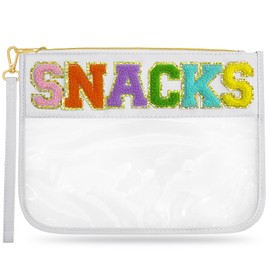 LSxia Chenille Letter Clear Travel Zipper Pouch Nylon Makeup Bag, Preppy Makeup Bag Clear Cosmetic Toiletry Bag, Water-proof Makeup Travel Pouch Snack Bags for Women (White-Snacks)