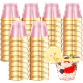 Supernal 100 Pcs Pink Plastic Cups, 9oz Pink Disposable Cups with Gold Rim, Plastic Wine Cocktail Glasses Perfect for Party, Wedding and Birthday, Cute Cocktail Party Cup Disposable