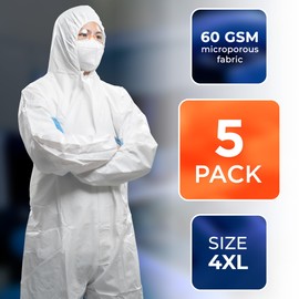Amazing Supply, AMAZING Disposable Coveralls. Pack of 5 White 4XLarge Full Body Protective Suits of Laminated Polypropylene 60 gsm. Adult PPE Protective Suit with Hood, Zipper, 4XL5Pack