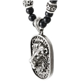 COOLSTEELANDBEYOND Gothic Style Mens Black Onyx Beads Necklace with Old Silver Stainless Steel Lion Head Shield Pendant, Synthetic Black Onyx, No Gemstone