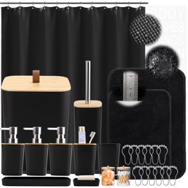 XLHOMO Bathroom Sets with Shower Curtain and Rugs, 27PCS Black Bathroom Set with Bathroom Trash Can, 3PCS Lotion Soap Dispens and Stickers
