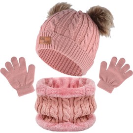 Chstarina Pack of 3 Hat Scarf Gloves Set Children, Beanie Hat Gloves Round Scarf Set with Fleece Lined, Warm Winter Knitted Set Hat Scarf and Gloves for Boys, Girls 1-6 Years, pink