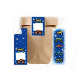 12 Bookmarks + 12 Gift Bags (Natural) + 12 Stickers Monster Truck Monster Truck Party Bag Guest Gift for Children's Birthday Boys