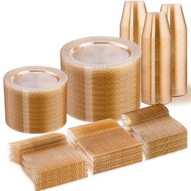 600 PCS Gold Glitter Disposable Dinnerware Set for 100 Guests, Plastic Plates for Party, Including 100 Dinner Plates, 100 Salad Plates,100 Cups,100 Forks Knives Spoons for Wedding and Party Supplies