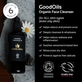 Terre Verdi Certified Organic Face Cleanser - GoodOils Face Cleansing Oil for All Skin Types & Dry Skin - Moisturising Argan Oil, Jojoba Oil, Vitamin E for Face - Vegan Cruelty Free Skincare - 100ml