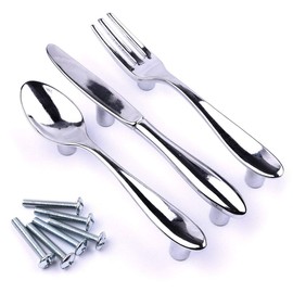3Pcs DIY Creative Spoon Fork Knife Kitchen Cabinet Closet Drawer Door Pull Handles Knobs, 3 Inch Center to Center (Silver)