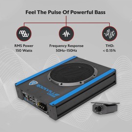 Rockville USS8 8" 600W Slim Under-Seat Active Car/Truck Subwoofer, 150W RMS, Built-in Amp, 3 Ohm, CEA-2006 Compliant, Bass Knob, for Tight Spaces