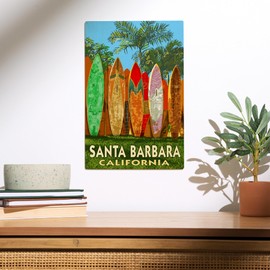 Lantern Press 10x15 Inch Wood Sign, Ready to Hang Wall Decor, Santa Barbara, California, Surfboard Fence