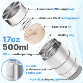 Earth&ME Stainless Steel Thermo For Hot Food 17OZ with Folding Spoon, Vacuum Insulated Food Container, Soup Thermo with Wide Mouth, Insulated Food Jar for Hot & Cold Food, White