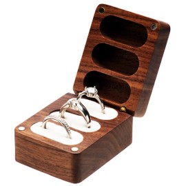 COSISO Walnut Wooden Wedding Ring Storage Box,Solid Ring Holder for Ring 3 Slots Wedding Ceremony Engagement Birthday (Beige Inner)