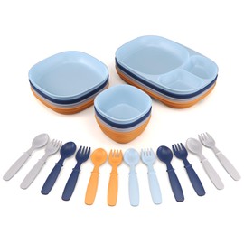Kid’s Dinnerware Set - 24 Pieces, 4 Place Settings - Tough Tableware for Toddlers - Made in the USA - Dishwasher and Microwave Safe - BPA Free and Shatter Resistant (Sunset)