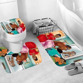hipaopao 4Pcs The Family Theme Kids Shower Curtain Set with Non-Slip Rugs and Toilet Lid Cover African Couple Black Girl Fabric Shower Curtain Bathroom Decor with Hooks Waterproof Washable 72" x 72''