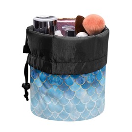 Poceacles Drawstring Makeup Bag Portable Cosmetic Case Travel Toiletry Bag Barrel Organizer Storage Pouch for Women, Mermaid Scale Blue Gradient, One Size