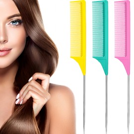 Leinuosen 3 Packs Rat Tail Comb Steel Pin Rat Tail Carbon Fiber Heat Resistant Teasing Combs with Stainless Steel Pintail (Yellow, Pink, Green)