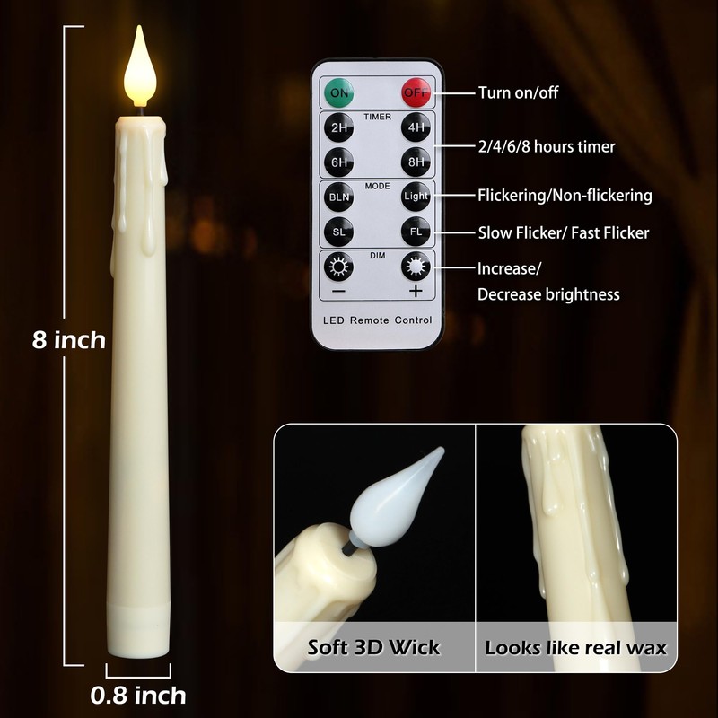FREEPOWER 6PCS Rechargeable LED Flameless Taper Candles with Remote Timer,Battery
