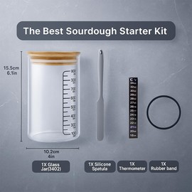 Pro Sourdough Starter Kit - 34oz Glass Jar with Bamboo Lid, Thermometer Strip, Feeding Band, Breathable cloth& Silicone spatula | All-Inclusive Baking Supplies for Artisan Bread