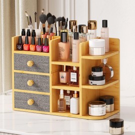 Makeup Organizer Countertop With Brush Holder For Vanity, Large Bamboo Bathroom Counter Organizers And Storage,Cosmetic Skincare Perfume Organizer With 3 Makeup Brush Holder/3 Drawer/7 Storage Shelves
