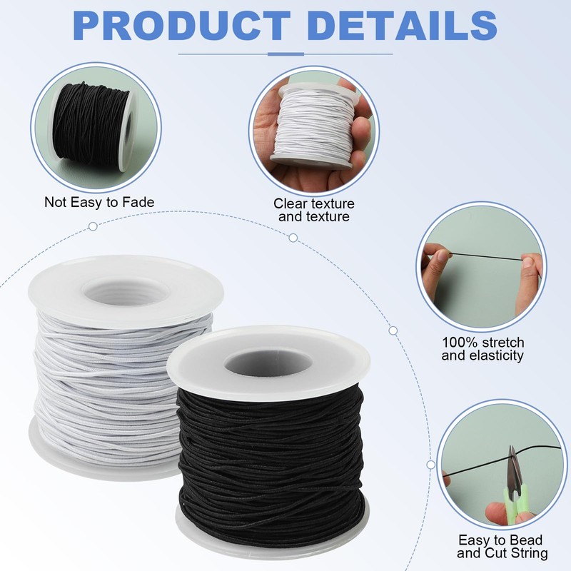 2 Rolls Elastic Cord 1mm x 50M, Black & White