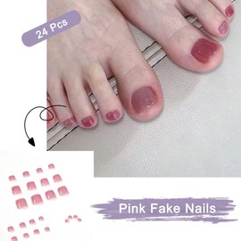 Yatinkim Pink Press on Toe Nails Solid Color Fake Toenails Tips Glitter Glossy Cute Artificial Foot Manicure Natural Super Fit Summer Daily Wear 24 Pcs