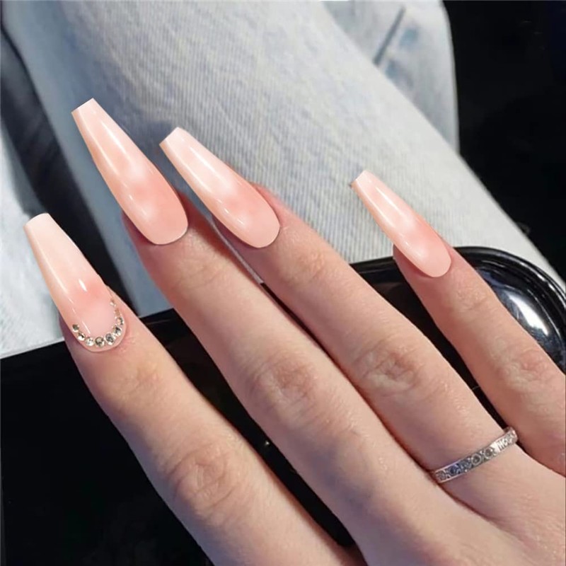 24 Pcs Pink False Nail Tip,Diamond False Nail Tip with