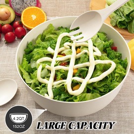 GEHE Bamboo Salad Bowl with Servers Set - Large 9.8 inches mixing bowls Solid Bamboo Salad Wooden Bowl with Lid Spoon for Fruits,Salads and Decoration (White, 9.8INCH)