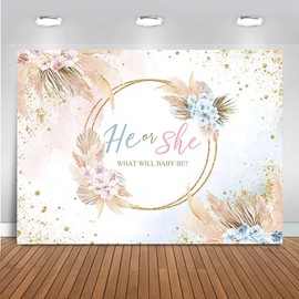 Mocsicka Boho Gender Reveal Backdrop He or She Gender Reveal Decorations Boy or Girl Boho Gender Reveal Banner Supplies Photo Booth Props(7x5ft)