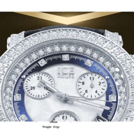 Ice House Blue &White Solitaire Dial 14K White Tone Real Diamond Leather Band Watch W/Date