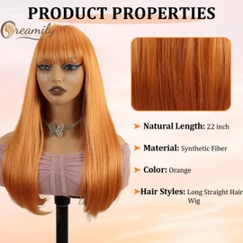 Creamily Long Orange Straight Hair Wigs 22" Straight with Flat Bangs Synthetic Colorful Cosplay Daily Party Wig for Women Natural As Real Hair+ Free Wig Cap (Orange)