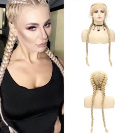 Angle Lucky 30 Inch Extra Long Blonde Dutch Twins Braided Wig for Women Fully Handmade Blonde 613 Lightweight Swiss Lace Front Wig with Baby Hair Heat Resistant Fiber Synthetic Double Braids Wig