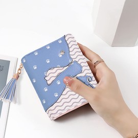 UTO Small Wallet for Girls Cute Cat Tassel Vegan Leather Women Card Holder Kawaii Coin Purse Blue