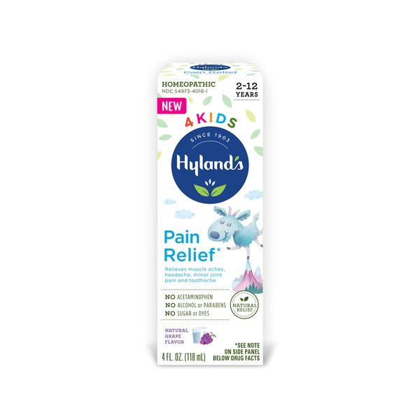 Hyland's Kids Natural Pain Relief Relieves Muscle Aches Headache Minor Joint Pain and Toothache Grape Flavor, 4 Fl Oz