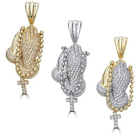 Solid 925 Sterling Silver Iced Out Praying Hands Pendant - Men's - Great For Any Chain! Icy CZ Folded Hands W. Dangling Cross (Natural Silver)