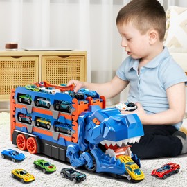 PEADUCK Toddler Toys Car Track Set for 3 4 5 6 Years Old Boys, Dinosaur Transporter Car Race Track with 12 Die-Cast Car Toys, Truck Car Toys Set Gifts for Age 3 4 5 6+ Years Old Kids Boys Girls