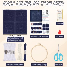 FREEBLOSS 4 Set Sashiko Coasters DIY Kit Cherry Blossom Pre- Printed Sashiko Kit for Beginners Sashiko Practice Project Flower Embroidery Kit Sashiko Printed Cloth Coaster for Housewarming