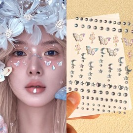 Aurora 3D Makeup Diamond & Cubic Pearl Face Stickers for Concerts & Performances Cubic 16 Series 16-3 Butterfly Love Flower Star Moon Round Drill (Blue) 7ea