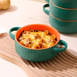 Hoilse Ceramic Soup Bowls with Handles, 20 oz French Onion Soup Bowls Set of 4, Stackable Soup Crocks for Soups, Chili, Beef Stew, Microwave and Oven safe - 5.4inch, Green