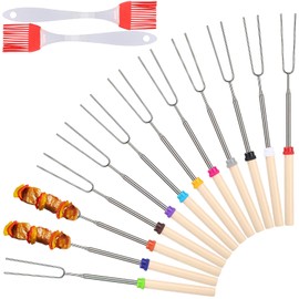 Telescopic Barbecue Skewers, Stainless Steel, 12 Pieces, Barbecue Cutlery Set for Camping Grill, Sticks Roasting Sticks, Kebab Skewers, Campfire Grill Fork, Extendable Grill Rod, Stick Bread with Two