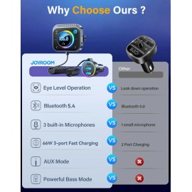 JOYROOM 66W Bluetooth Car Adapter with HiFi Bass LED Light and 3 Charging Ports