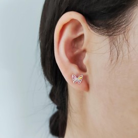 Eslinila Cute Butterfly Stud Earrings for Girls, Hypoallergenic S925 Sterling Silver Post Small Colourful Butterfly Earrings for Women Gift, Alloy, Cubic Zirconi