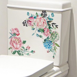 Watercolor Flowers Leaf Toilet Cover Sticker Decals,Rose Plant Flower Leaf Waterproof Toilet Lid Tank Seat Decals Cistern Self-Adhesive Bathroom Wall Sticker