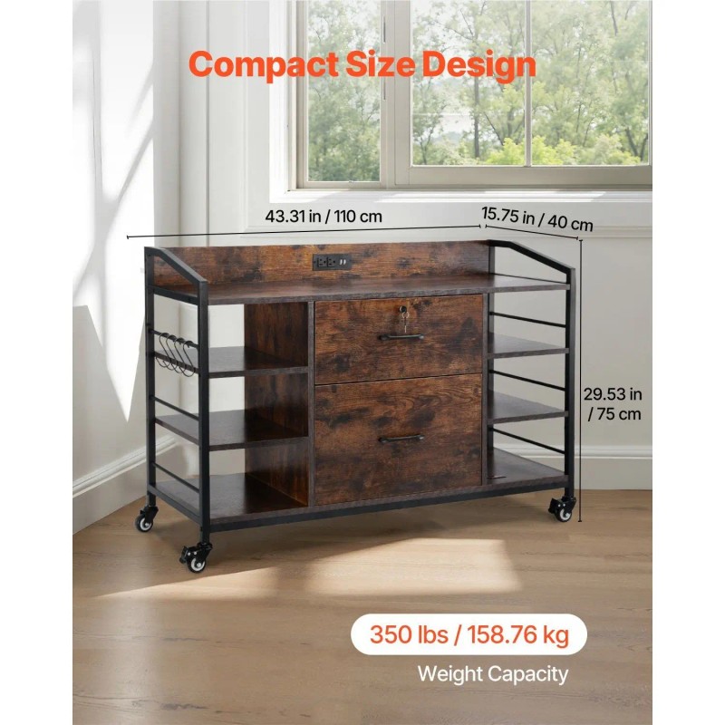 Brown Metal 2-Drawer File Cabinet With Power Strip Industrial Office