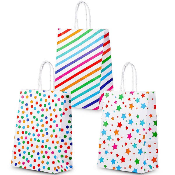 24 Pcs Kraft Paper Rainbow Party Favor Bags with Handle, Stickers Assorted Colors Cute Dots Stars, Small Gift Bags Bulk, Goodie Bags for Kids Birthday, Wedding, Baby Shower, Crafts and Party Supplies