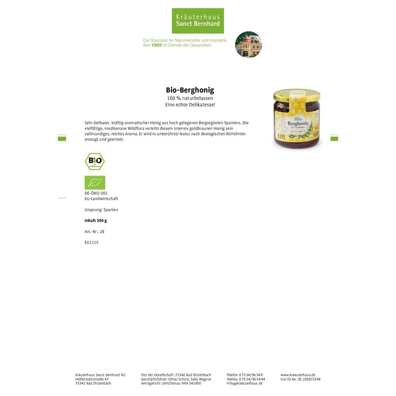 Sanct Bernhard Organic Mountain Honey 500 g