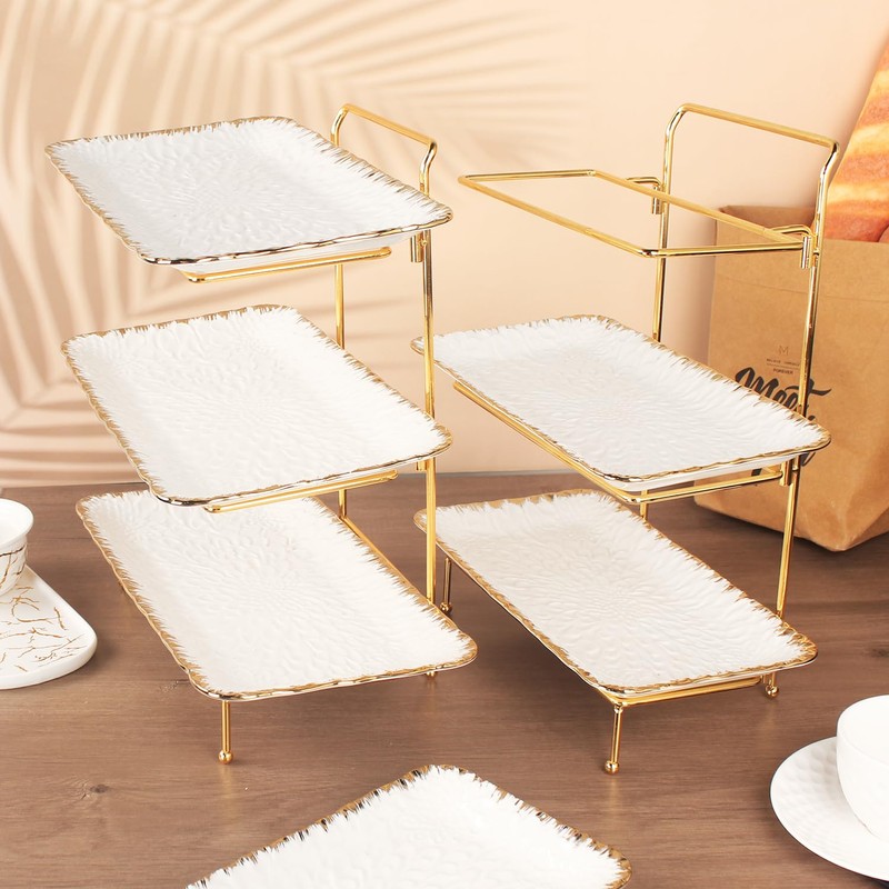 LIUYWYHCF Three-Tier Ceramic Plate Rack - Foldable Gold Plate Rack